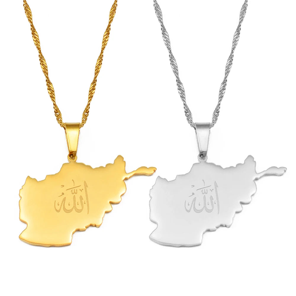 Anniyo Afghanistan Map With Allah Pendant Necklaces for Women Afghan