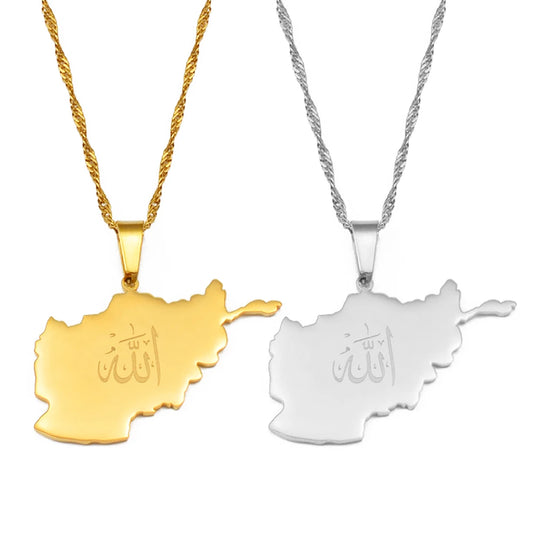 Anniyo Afghanistan Map With Allah Pendant Necklaces for Women Afghan